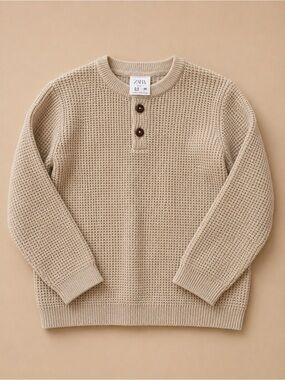 Zara Baby Toddler Knit Henley Sweater 2-3T Oatmeal Beige Textured